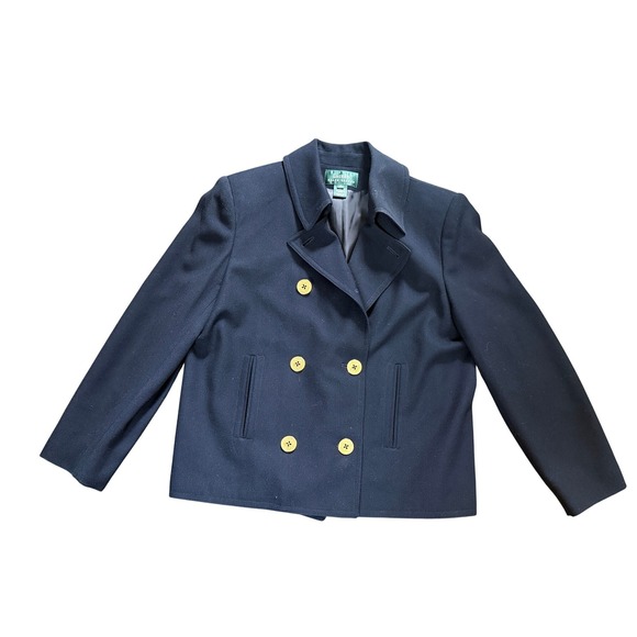 Ralph Lauren Navy Wool Pea Coat Gold Anchor Buttons Nautical Preppy Military